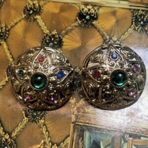 Vtg Anne Klein Gripoix multicolor Cabochon glass designer runway Clip Earrings